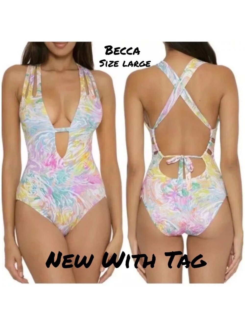 Becca by Rebecca Skyler Plunge One Piece Swimsuit - Pastel, Size Large, New